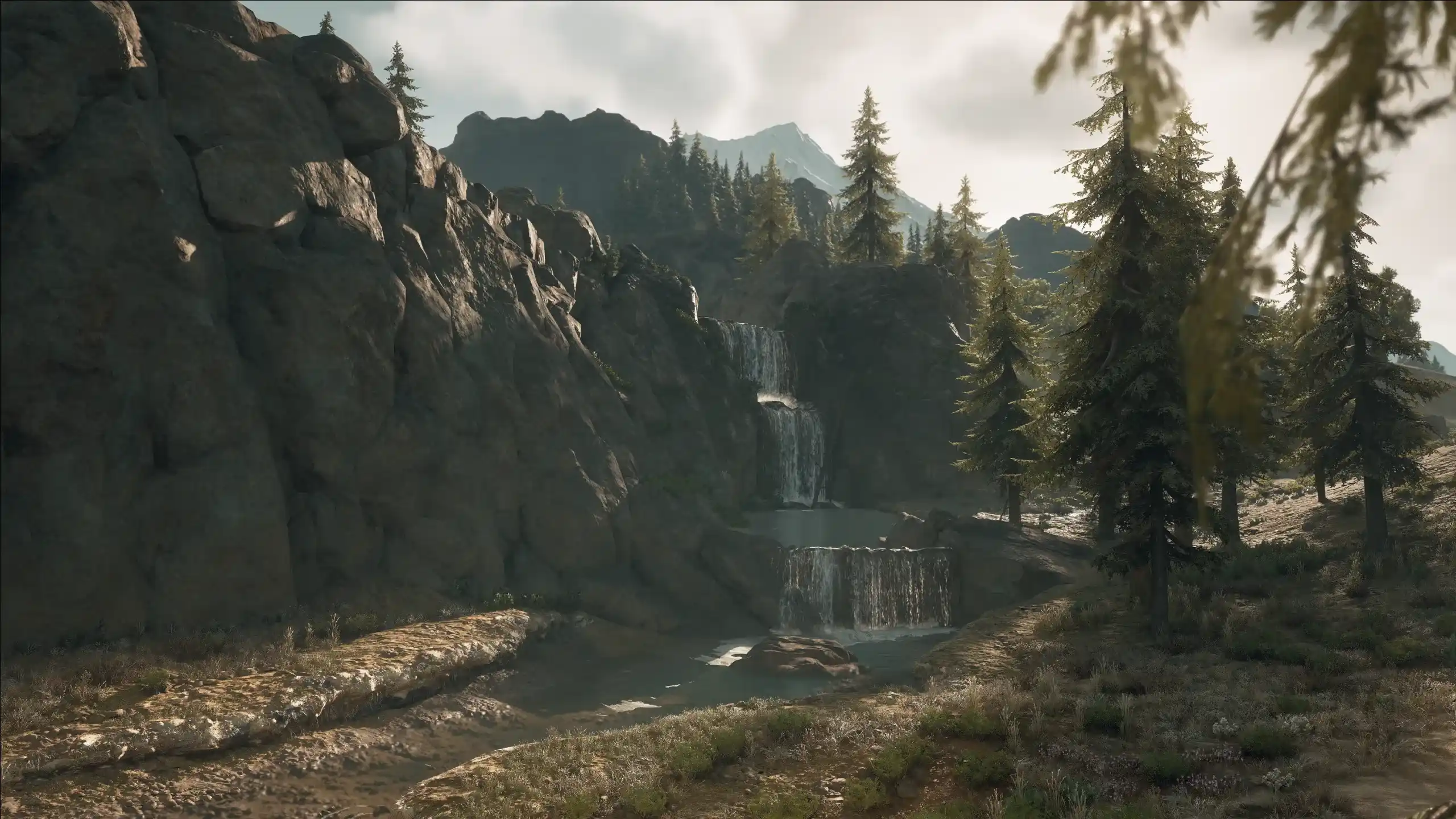 Screenshot of Hills with Forest and a small Waterfall