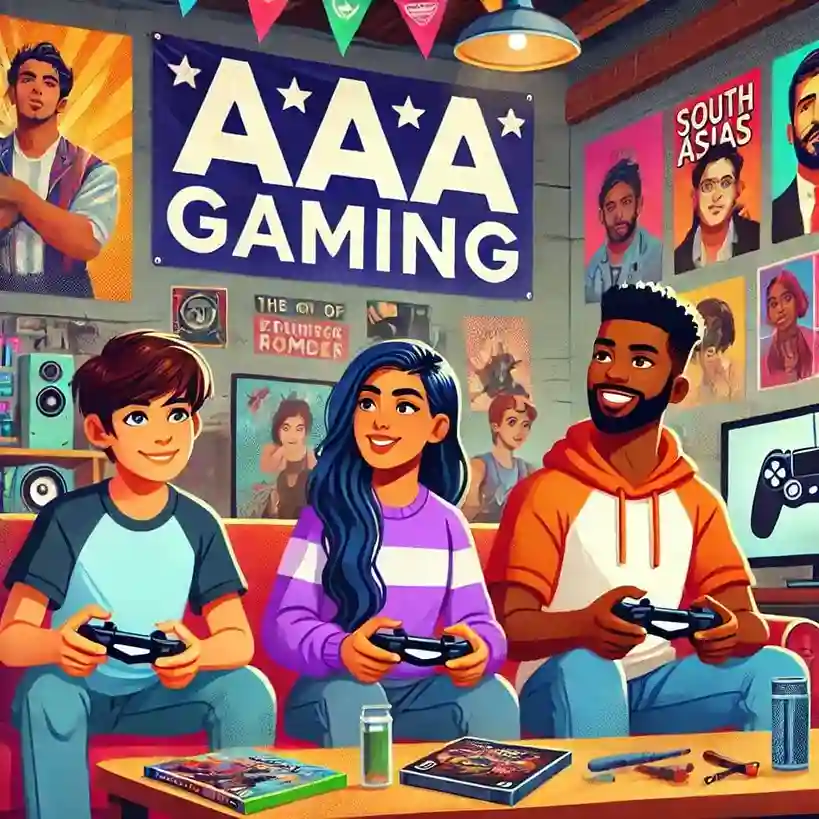 3 people sitting on a sofa gaming with a AAA banner in the background