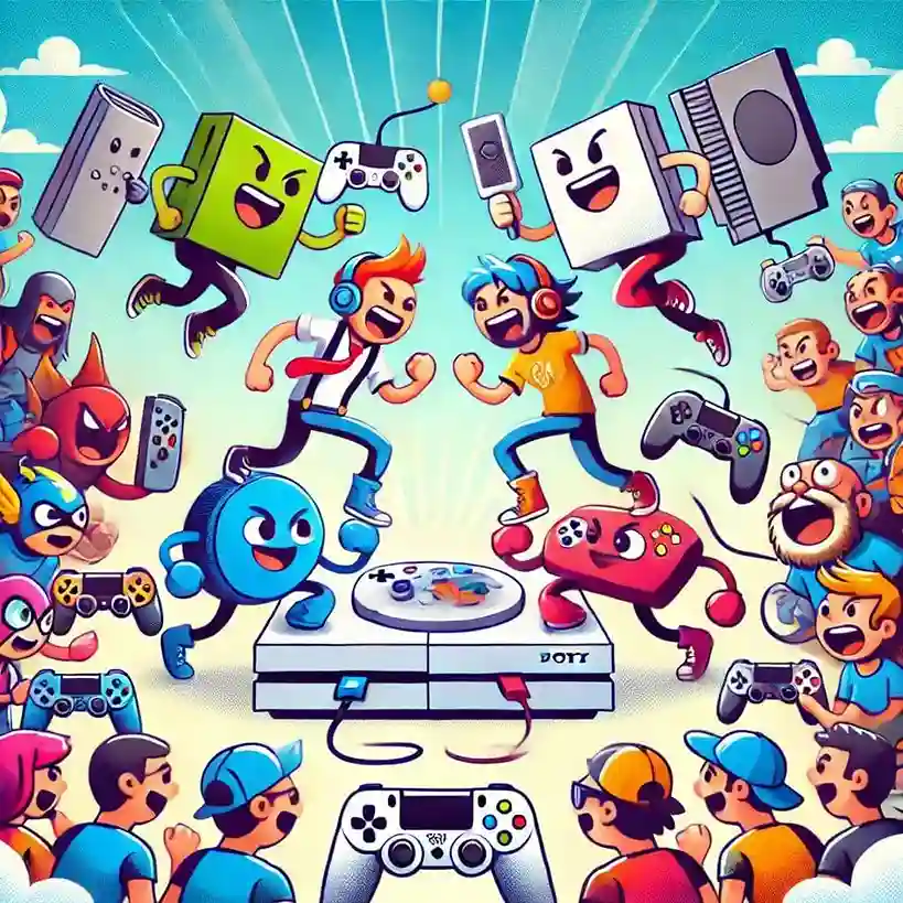 Video Game consoles and people standing in fighting pose