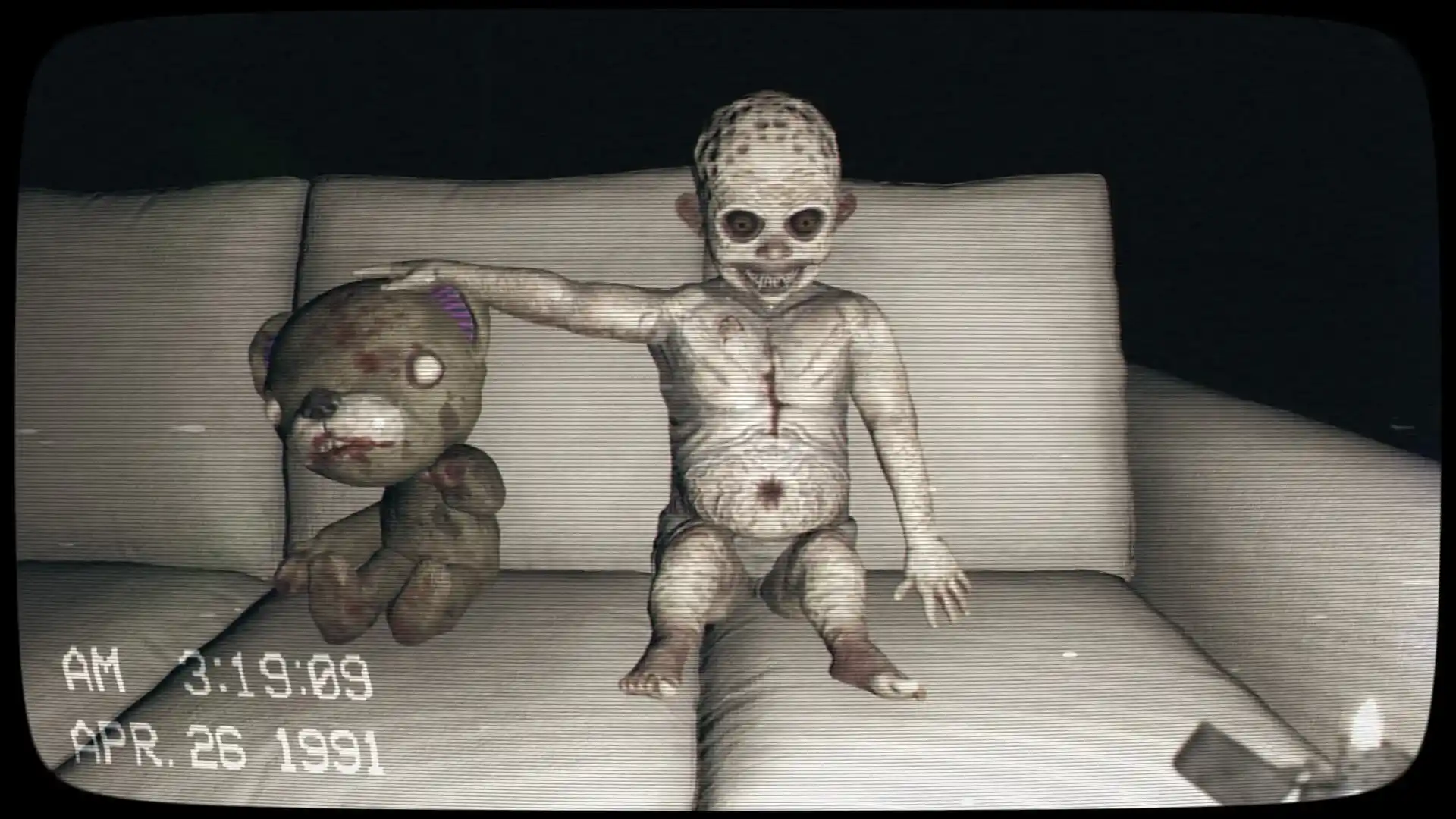 Creepy Baby sitting on a sofa and patting a teddy bear to his right