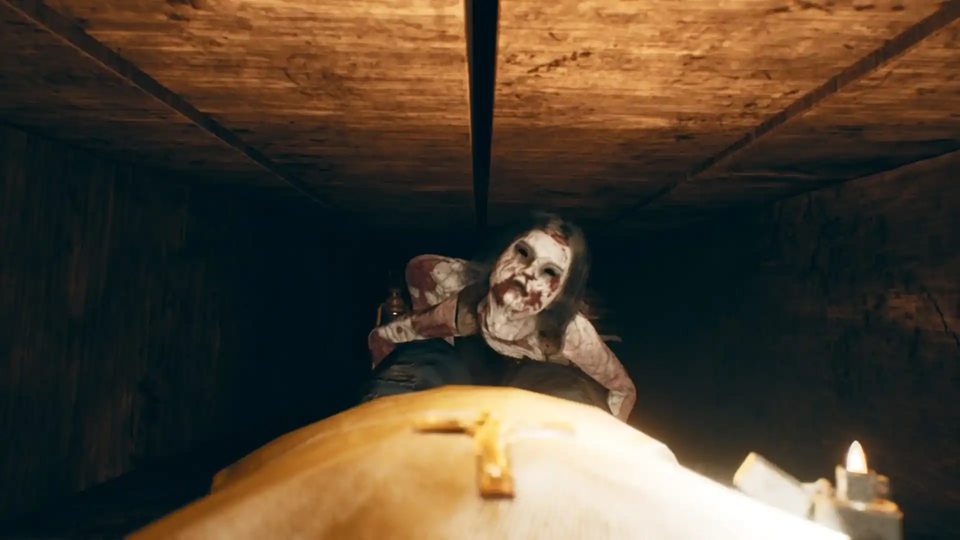 You lie in a Casket and a woman crawls at your face from your feet