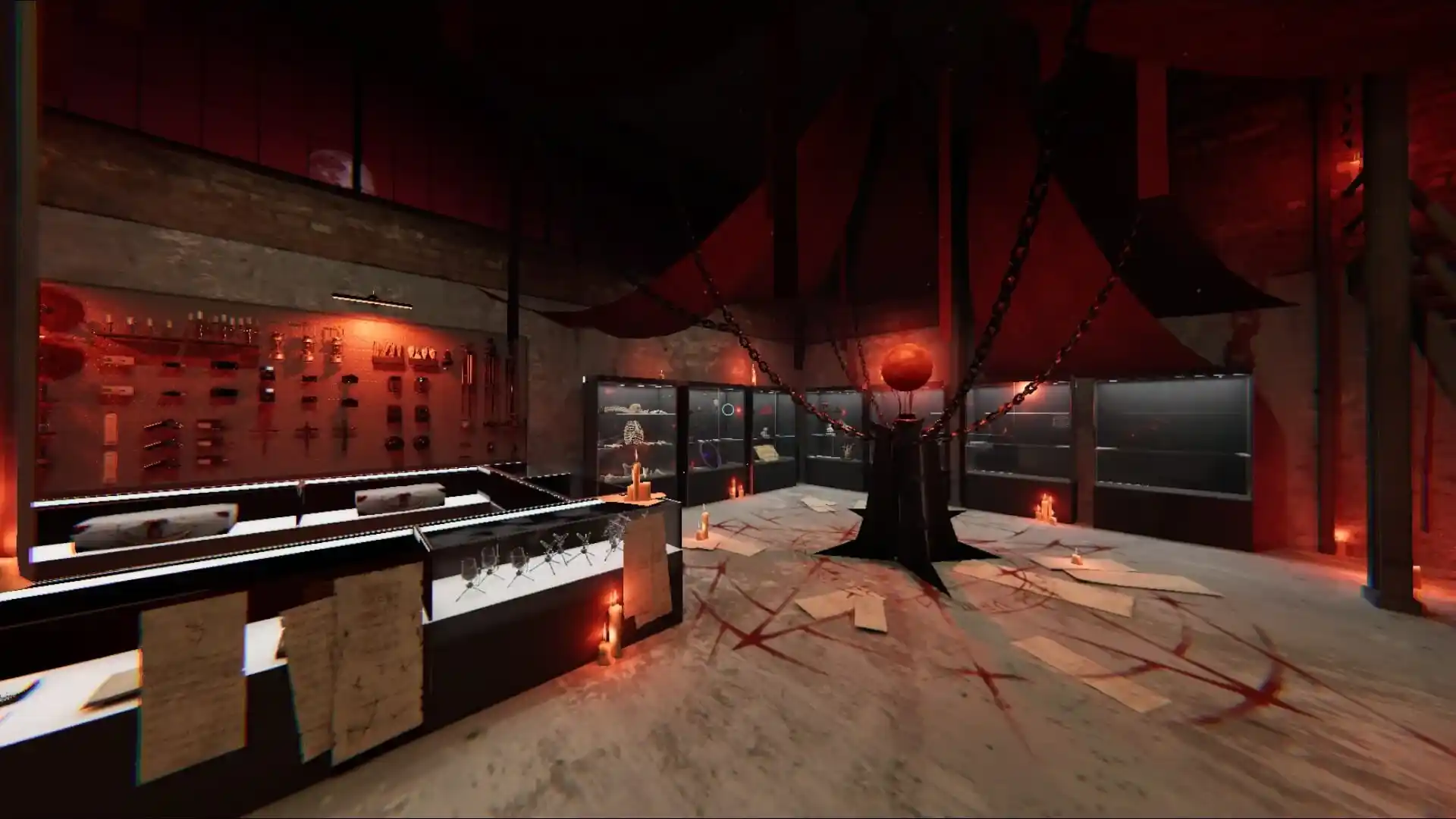 Phasmophobia start Room with blood fountain and equipment on the wall