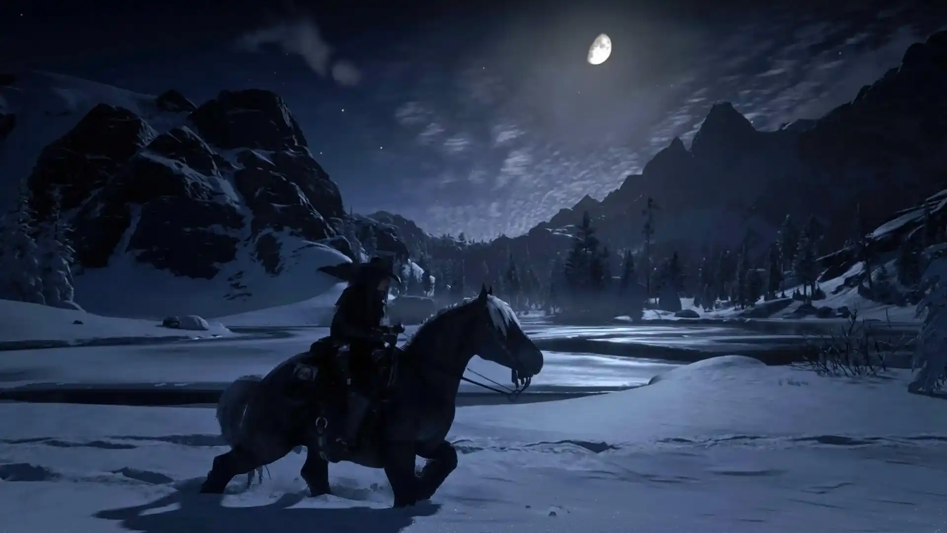 Female Character on Horse in snowy Landscape at night