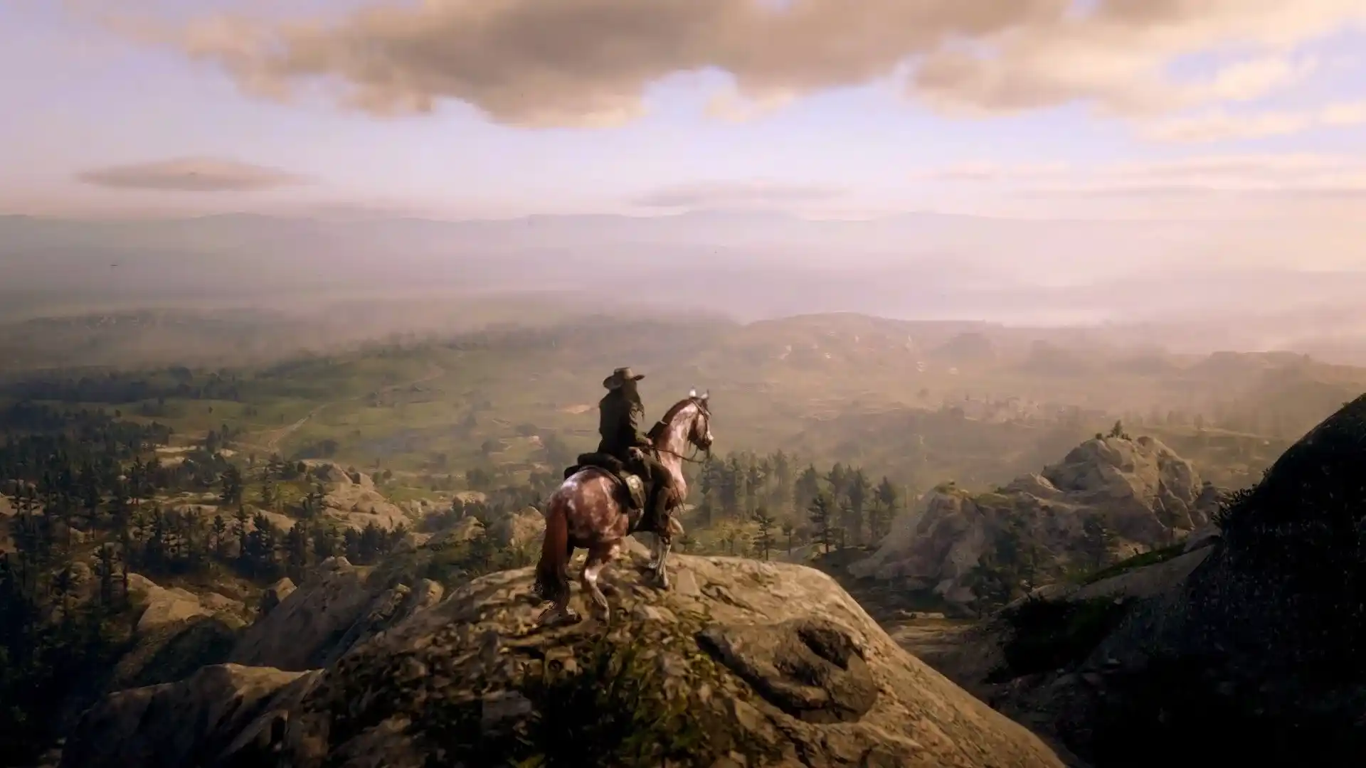 Female Character on Horse in the Mountains looking down into the Valley