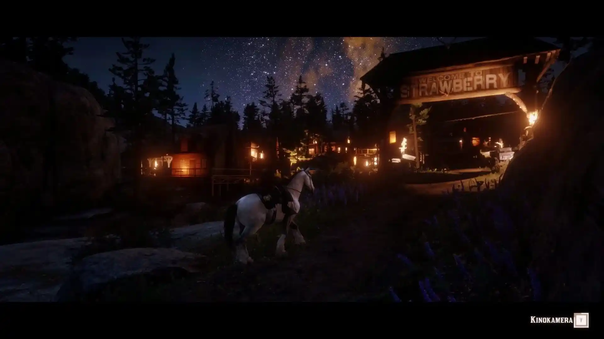 Female Character on Horse riding into a small town at night