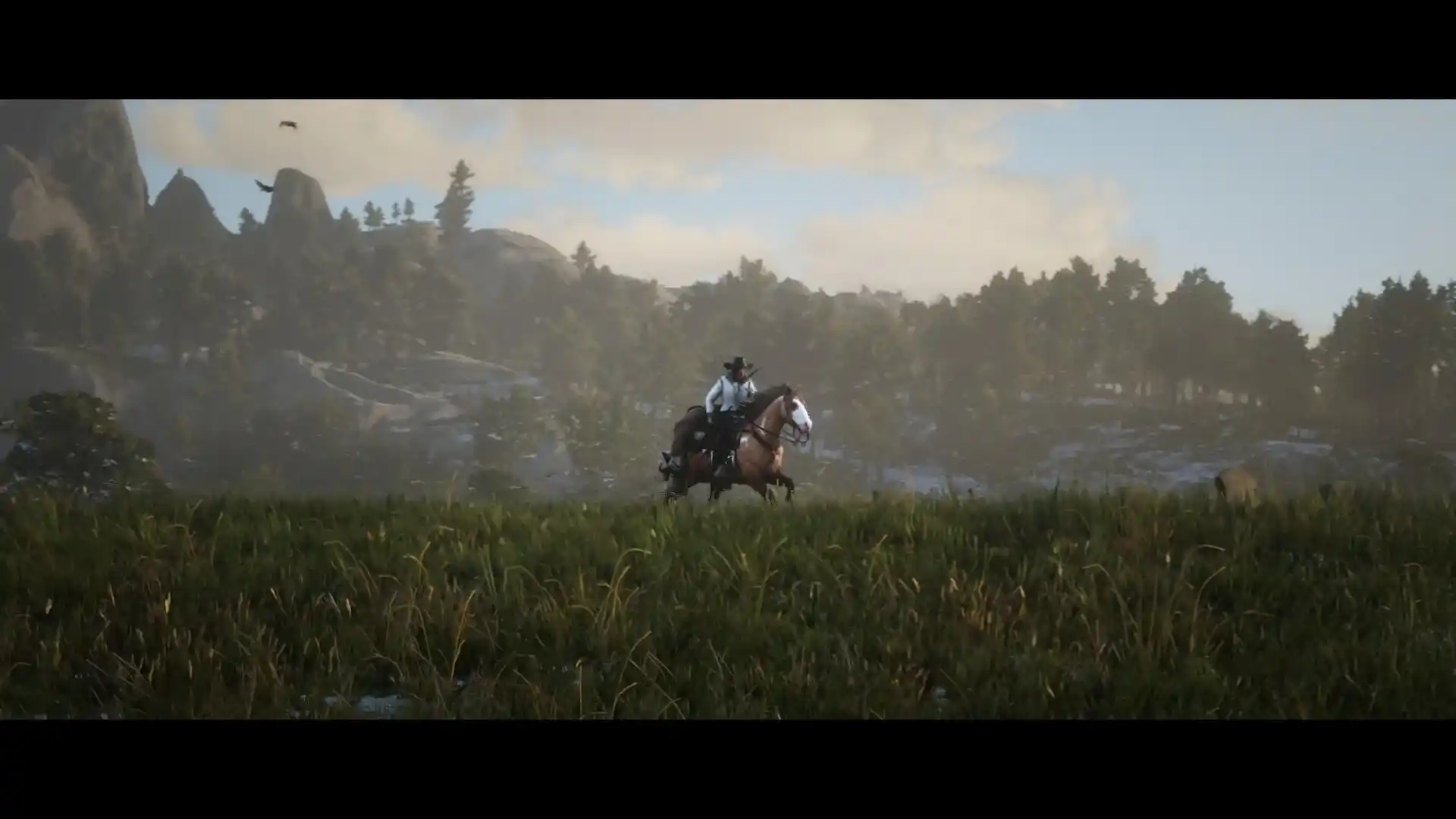 Femal Character on Horse riding through a valley