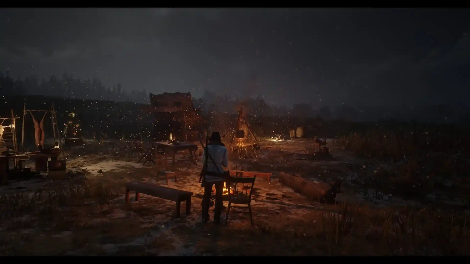Female Character standing in front of a campfire while it's snowing at night